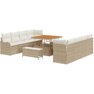 vidaXL - 11-delige - tuinbankset - met - kussens - in - beige, - gemaakt - van - poly - riet - en - acacia.