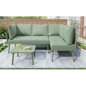 Amalee - Loungeset groen - 6 delig - Inclusief tafel- Metalen onderstel - UV resistent - Wasbare kussenhoezen - 10 cm hoge zitkussen - Meerdere opstelling -