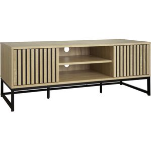 sweeek - Tv-meubel met gegroefd houtdecor en zwart metalen onderstel, druksysteem l 120