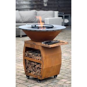 RJRoyal Living Plancha grill BBQ Companero XXL cortenstaal 2.0 grillring met hoes en houtopslag vuurschaal buitenkeuken grillring corten staal