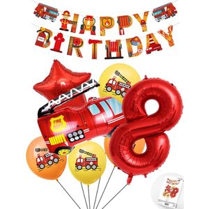 Cijfer ballon 8 jaar Pluspakket Brandweer Ballonnen -Happy Birthday Slinger - Helium Ballon - Snoes