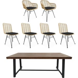 sweeek - Hout en metalen eettafel, 2 fauteuils en 4 stoelen in natuurlijk rotan, zwarte kussens, 190cm