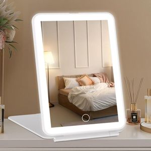 Oplaadbare make-upspiegel met ledlampjes voor op reis - Draagbare make-upspiegel met verlichting en dimbare 72 ledlampjes - Verlichte schoonheidsspiegel met 3 kleuren touchscreen (Wit)