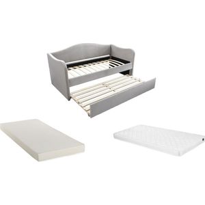 Vente-unique Bedbank met uitschuifbed 2 x 90 x 190 cm - Fluweel - Lichtgrijs + Matras - MATHILDE L 203 cm x H 99 cm x D 101.5 cm