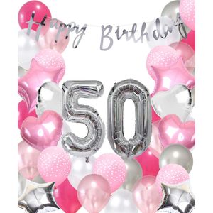 Snoes Ballonnen 50 Jaar Pink Blush Silver Mega Ballon - Compleet Feestpakket 50 Jaar - Verjaardag Versiering Slinger Happy Birthday – Folieballon – Latex Ballonnen - Helium Ballonnen - Zilver en Roze Verjaardag Decoratie