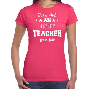 Bellatio Decorations cadeau t-shirt voor dames - awesome teacher - docent/lerares bedankje - roze S