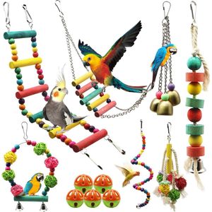 Vogelspeelgoedpakket van 14 vogel papegaaienschommel, houten ladders papegaaienhangmat speelgoed, vogelkooi accessoires voor kleine en middelgrote papegaaien en valkparkieten (pakket van 14)