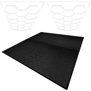 Modulaire Geventileerde Vloer x 225 Zwart met Randen & Hexagon LED-verlichting 28 Witte Lampen 6500K 3 Montageopties Inclusief Ophangset Garagevloer 6m x 6m 36m²