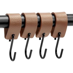 Brute Strength - Leren S-haak hangers - Taupe - 4 stuks - 12,5 x 2,5 cm – Zwart zilver – Leer - handdoekhaakjes - Ophanghaken – kapstokhaak