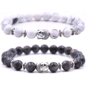 Armband heren / dames / unisex - met buddha bedel - Kralen armband boedha - Chakra armband - Cadeau voor hem of haar - Armbandenset 2 bandjes - Wit marmer & Antraciet