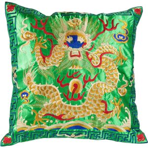 Fine Asianliving Chinese Kussen Volledig Geborduurd Groen Geel Draak 45x45cm