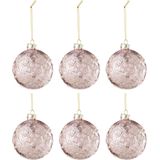 J-line - Doos Van 6 Kerstbal Motief Roos Pailletten Glas Licht Roze Small - 8x8x8cm
