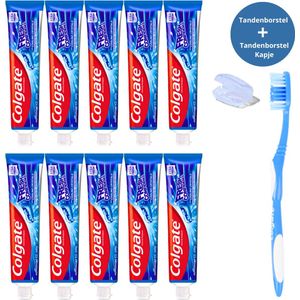 Colgate Tandpasta Fresh Confidence Blue Burst - 10 x 75ml - Tandenborstel en Tandenborstelkapje Set - Tandpasta Voordeelverpakking