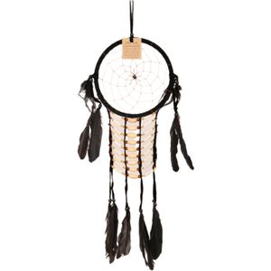 Dromenvanger veren leer 16cm - zwart met houten kralen