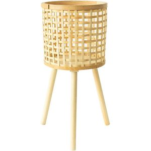 Geweven Bamboe Plant Pot Stand met Houten Poten - Indoor Rotan Mand Bloempotten - Geweven Indoor Plant Stand Vloer - Rotan Plant Stand Houder - Thuis Decoratie en Display Planter Pot Container - Kaki L
