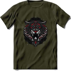 Tijger - Dieren Mandala T-Shirt | Rood | Grappig Verjaardag Zentangle Dierenkop Cadeau Shirt | Dames - Heren - Unisex | Wildlife Tshirt Kleding Kado | - Leger Groen - L