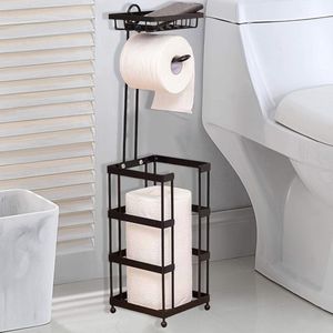CHIWIN WC Rolhouder Staand Zonder Boren met Plankje - Toiletrolhouder Vrijstaand Zwart met Reserverolhouder - voor 3 Reserves - Modern Vierkante Metaal WC Rolhouder - voor Bathroom, Toilet of Keuken