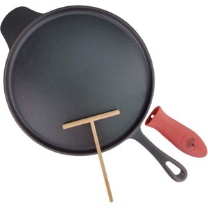 Gietijzeren crêpepan van 30 cm, platte omeletpan met matzwarte emaille coating, houten spatel en siliconen handgreep worden meegeleverd. PFOA-vrij