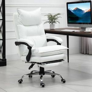 Bureaustoel met voetsteun in hoogte verstelbare bureau stoel Swivel stoel rugleuning synthetisch leer wit 66 x 72 x 122-130 cm