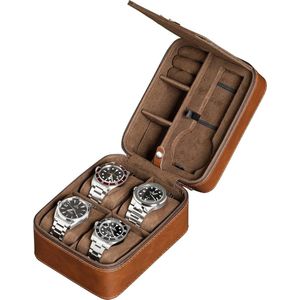 5-Horloge Organizer Opbergen met Ritssluiting - Duurzame Draagbare Bescherming - Geschikt voor Polshorloges tot 50 mm - Bruin/Lichtbruin.