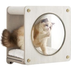 Kattenmand, kattenhuiswand, klimwand, kattenmeubel, met kattenhangmat, raam, vervangbaar, wasbaar, ruimtebesparend, havermoutbruin