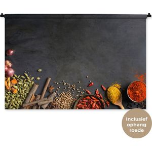 Wandkleed Kruiden - Specerijen op een zwarte achtergrond Wandkleed katoen 120x80 cm - Wandtapijt met foto