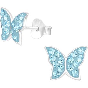 Joy|S - Zilveren vlinder oorbellen - 9 x 7 mm - blauw kristal - kinderoorbellen