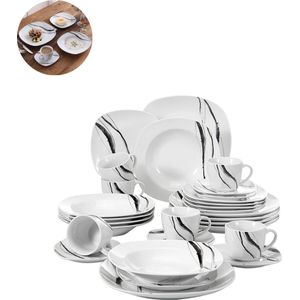 LBB Luxe Serviesset – 30 delig – 6 persoons – Porselein - Bordenset – Dinner platen – Dessertborden - Kommen - Mokken - Schaaltjes - Wit/Zwart