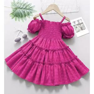 Jurk - Maat: 116/122 - Kleur: Fuchsia Roze - Zomerjurk - Jurk voor Meisjes - Kinderkleding - Babykleding - Baby Jurk - Babyjurkje - Hoge Kwaliteit - Meisjesjurk - Birthday / Verjaardag / Feestjurk - Luxe Jurk Peuters & Kleuters