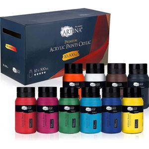 Artina Acrylverf Set Crylic 10 stuk - 500ml Flessen Schilderij Set Kleurrijke Verf Set - Levendige Kleuren