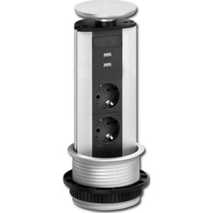 Schulte Stopcontact Evoline Powerport met 2 belgische contactdozen + USB lader kleur Alu/Zilvergrijs