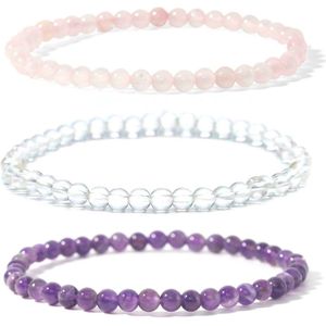 Bixorp Gems Gouden Driehoek Edelstenen Armbanden Set 4mm - Rozenkwarts + Amethist + Bergkristal Kralenarmband - 18cm