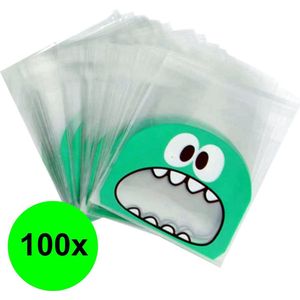 Cellofaan Zakjes - 100x Transparante Uitdeelzakjes - Cellofaan Plastic Cadeau Papier Verpakking Geschenk Traktatie Kado Zakjes - Koekjes Snoepzakjes - Monster - 10x10cm - 100 Stuks - Groen