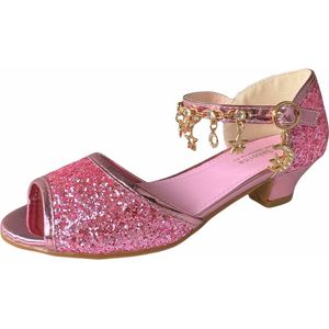 Elsa Prinsessen schoenen roze glitter + bedeltjes maat 34 – binnenmaat 22 cm - hakken schoenen kinderen - feest schoenen