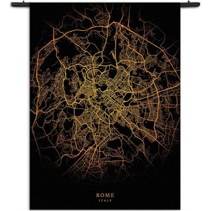 Velours Wandkleed Rome Plattegrond Zwart Geel Rechthoek Verticaal XXXL (260 X 210 CM) - Wandkleden - Met roedes