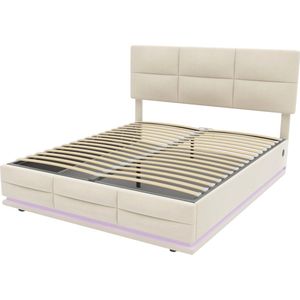 Merax Velvet Tweepersoonsbed 160x200 cm - Gestoffeerd Kingsize Bed voor 2 Personen met Hydraulische Lattenbodem - Incl. Opbergruimte - Beige