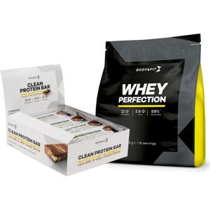 Body & Fit Proteïne Bundel – Whey Perfection Eiwitshake Banaan - 2268 gram (81 shakes) + Clean Protein Bar Cookie Dough Amandel - 12 Eiwitrepen