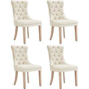 Merax Eetkamerstoel Set van 4 - Luxe Fluwelen Stoelen met Decoratieve Knopen - Eetkamerstoelen met Massief Houten Frame - Beige