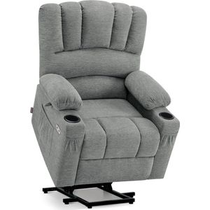 MCombo Elektrische Relaxstoel met Opstahulp – Grijs Stof – Massage- & Verwarmingsfunctie – Verstelbare TV Fauteuil met USB & Bekerhouders