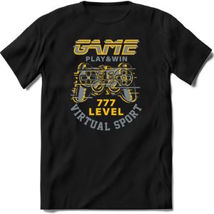 Play and win | Gaming kado T-Shirt heren - dames | Staal-Geel | Perfect game pc cadeau shirt | Grappige console spreuken - zinnen - teksten Maat XL