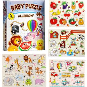 Allerion Houten Puzzel Set - 4 stuks – Legpuzzels �– Vanaf 1 jaar - STEM Speelgoed - Voertuigen - Boerderij - Dierentuin – Fruit
