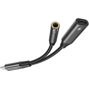 Trusmi CA50-01- USB-C naar USB-C & AUX audio jack splitter- adapter Kabel - 1x 3.5mm AUX audio Jack - 1 x USB-C 60w Max Charging functie