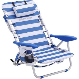 Rootz Strandstoel - Strandstoel Met Kussen - Opvouwbare Strandstoel - Strandligstoel - Verstelbare Strandstoel - Ligstoel - Ergonomische Strandstoel - Blauw + Wit - 63 x 68 x 75 cm