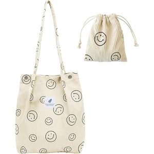 Smiley Tote Bag, 2 stuks schoudertas voor dames en corduroy tas met zakvak, grote schoudertas voor dames, canvas shopper, stoffen handtas voor dagelijks gebruik, kantoor, school, reizen en