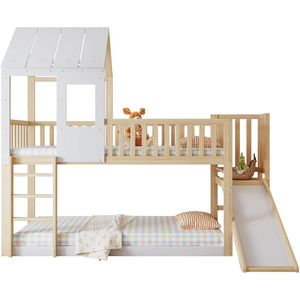 Merax Stapelbed met Glijbaan en Huisbed Design – Hoogslaper Kinderbed met Dak en Raam – 90x200 cm – Bruin met Wit – FSC Gecertificeerd Hout