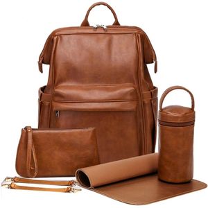 Luiertas - Verzorgingstas - Rugzak - Incl. Bevestiging Kinderwagen - Incl. Verschoningsmatje, Extra Etui, Thermo Flessenhoes - Waterdicht - Cognac Kleur