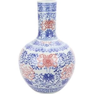Fine Asianliving Chinese Vaas Porselein Lotus Handgeschilderd Rood Blauw D22xH34cm