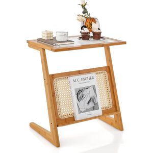Bamboe bijzettafel, Z-vormige salontafel met rotan tijdschriftenhouder en glasplaat, banktafel voor slaapkamer, woonkamer, 51,5 x 37 x 58 cm