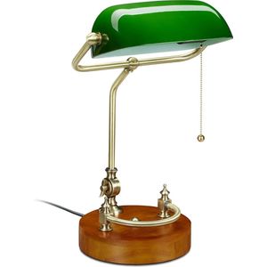 Relaxdays Bankierslamp met trekschakelaar - ronde voet - notarislamp E27 - bureaulamp