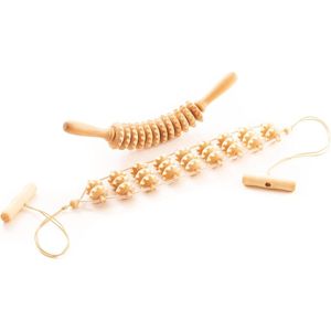 Anti-cellulitis massageset - rug massageroller met handvat - maderotherapie van hout massage roller